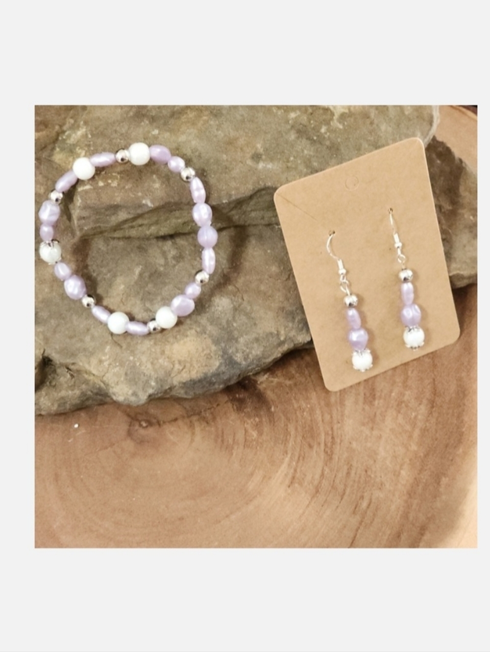 Minimalist Purple and White Beaded Jewelry Set With Silver Tone Accents